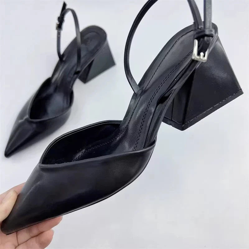 vzyzv -  Solid Color Sexy Pointed Toe Women Sandals Buckle Strap Fashion Ladies Shoes Hand-made Chunky Heel Outdoors Sandalias De Mujer