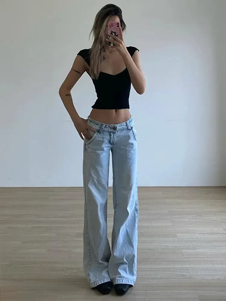 vzyzv  -  Light Blue Low Waist Jeans Woman Streetwear American Vintage Denim Pants Female Casual Washed Straight Pantalons Mujer