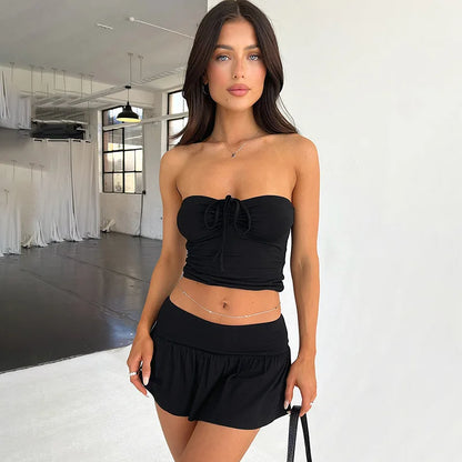 vzyzv  -  Pleated Solid Slim Fit Skirts Set Sleeveless Strapless Sexy Backless Lace Up Top Spicy Girl Wrapped Hip Skirt Suit