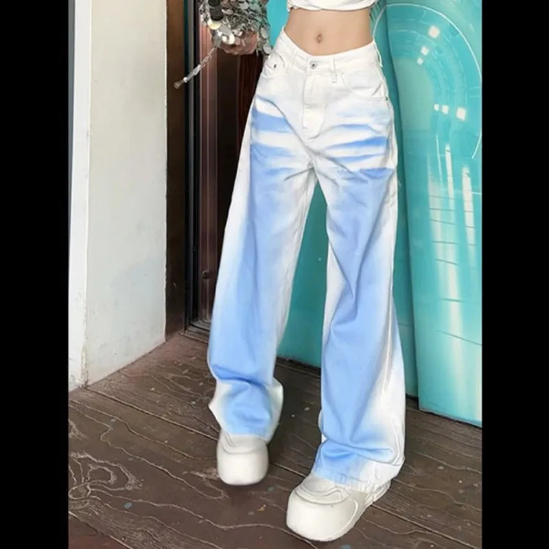 vzyzv  -  Tie Dye High Street Wide Leg Jeans Button Harakuju Denim Pants White Blue Hip Hop Baggy Trousers Plus Size Women's Retro Pants