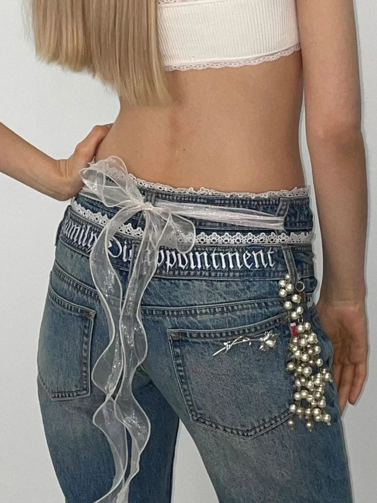 vzyzv  -  Korean Y2k Flare Jeans Women Low Waist Vintage Streetwear Letter Embroidery Lace Trim Denim Trousers Kpop 2000s Clothes