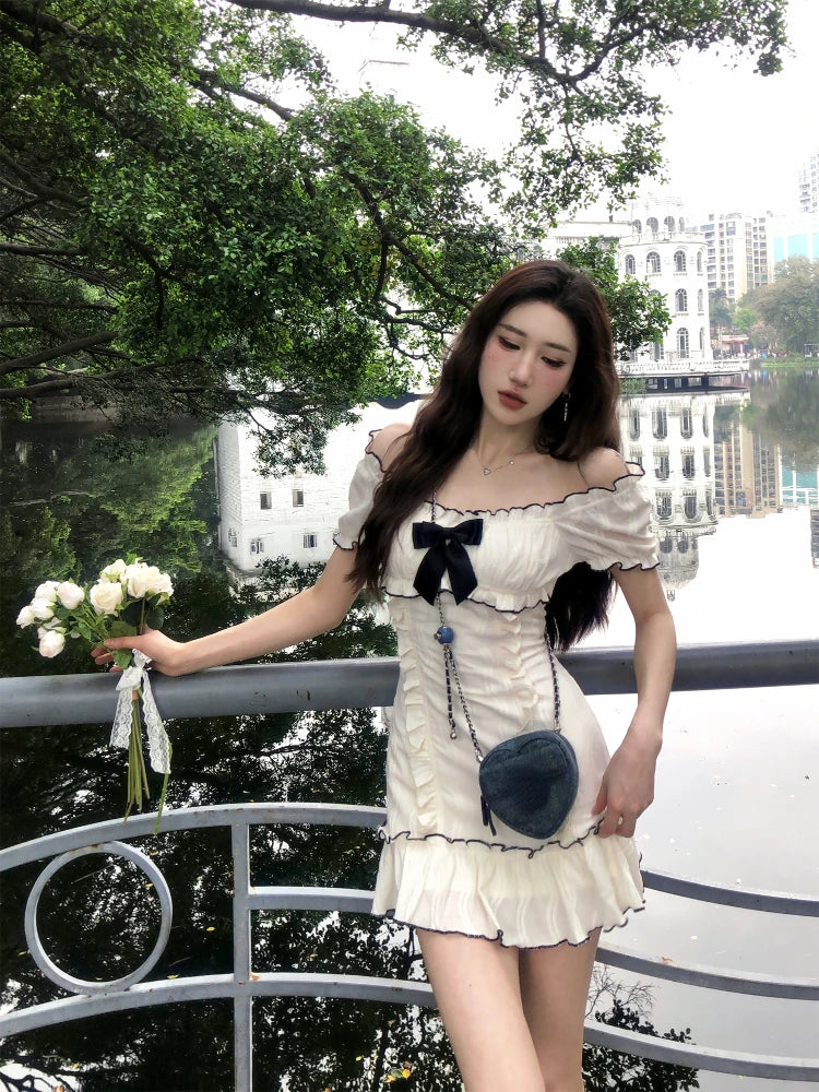 vzyzv  -  Summer Woman Short Sleeve Y2k Mini Dress Party Slim Sweet Bow Dress Casual Outwear One Piece Dress Korean Fashion Chic