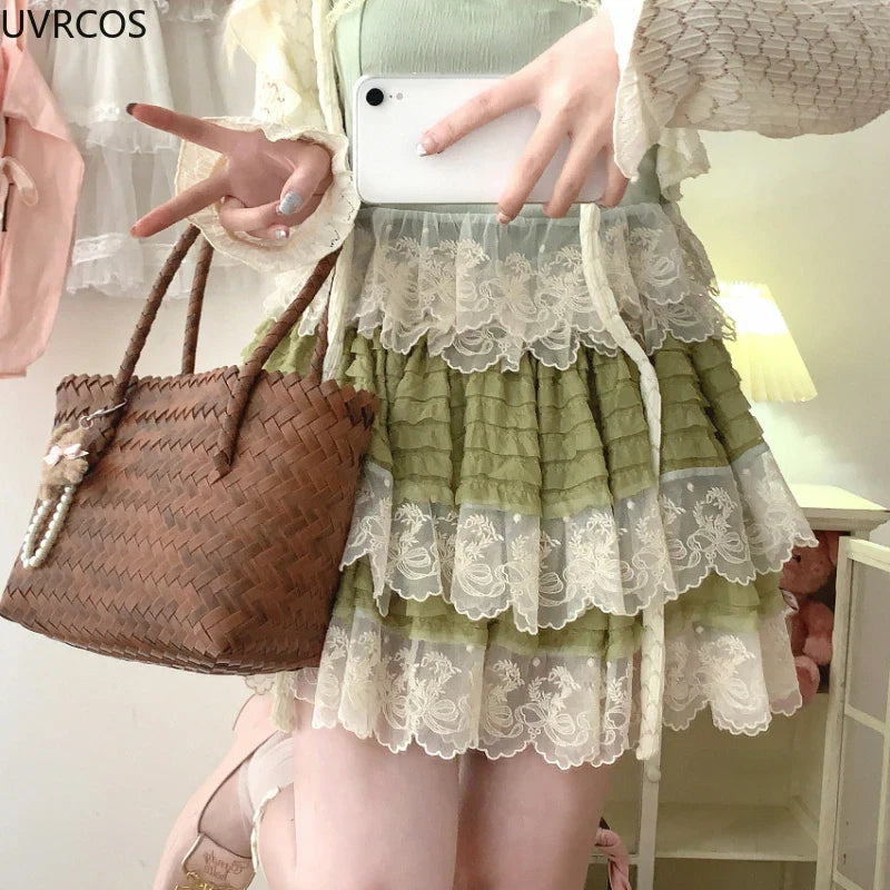 vzyzv  -  Sweet Lolita Lace Cake Skirt Women Pink Vintage Elegant A-line Mini Skirts Female Korean Fashion Preppy Style Pleated Skirt