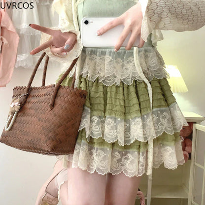 vzyzv  -  Sweet Lolita Lace Cake Skirt Women Pink Vintage Elegant A-line Mini Skirts Female Korean Fashion Preppy Style Pleated Skirt