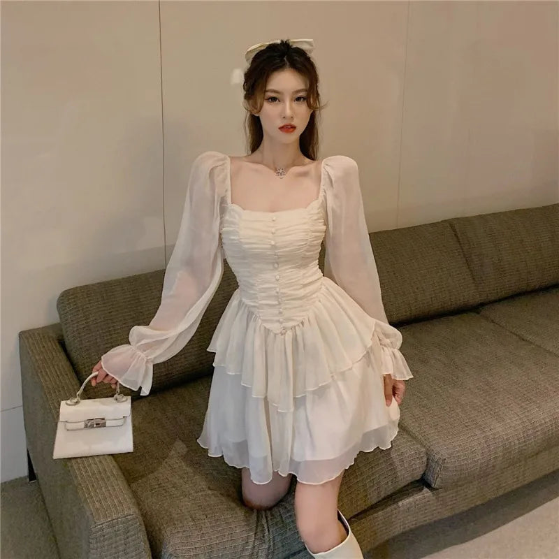 nvxiot  -  Casual Women Square Collar Front Ruched Chiffon Dress Female Mini Ruffles Retro Dress  y2k long sleeve dress vestidos24.5.27