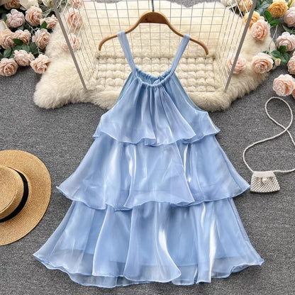 nvxiot  -  Holiday Sweet Organza Gauze Gentle Style Ruffled Halter Dress Women Sleeveless Loose Strap Short Dress Summer Beach Mini Dress