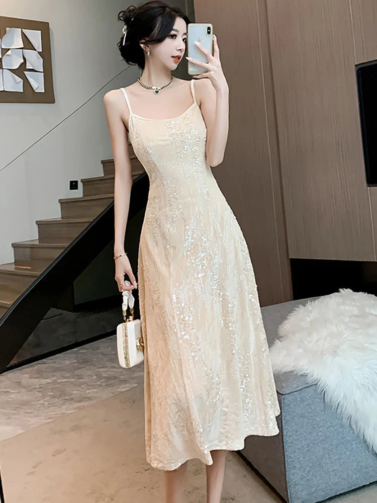 nvxiot  -  Female Velvet Sequins Luxury Sling Long Dress 2024 Korean Elegant Chic Dance Party Dress Autumn Winter Vintage Bodycon Vestidos