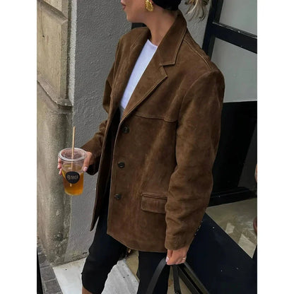 vzyzv  -  Vintage Lapel Pocket Suede Leather Jacket Women Fashion Loose Single Button Oversize Brown Coats Female Street Chic Clothes