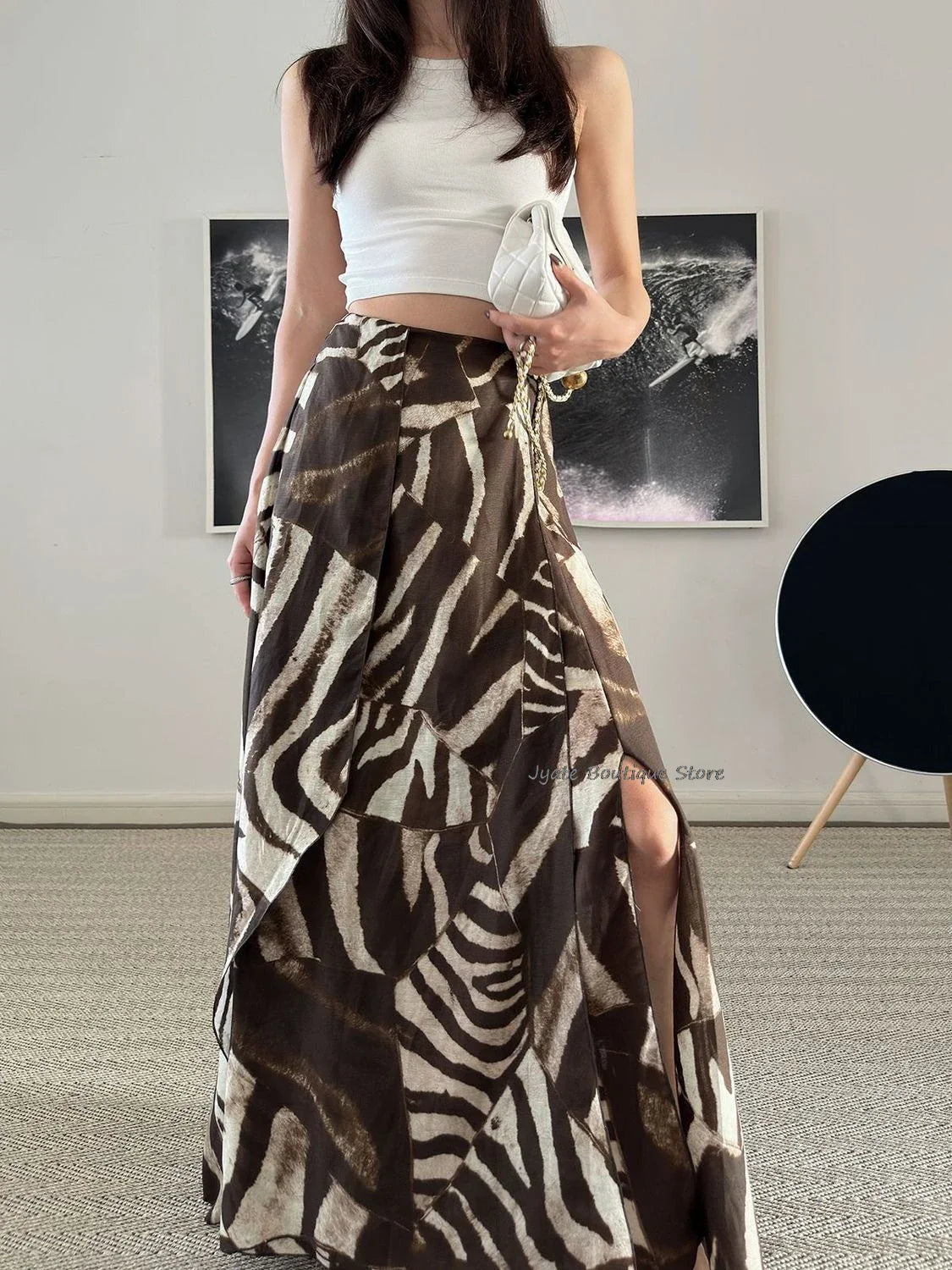 vzyzv  -  Bohemian Vacation Versatile Zebra Asymmetric Print Long Skirt With Slit A-lineretro Streetwear Women Summer Skirt 2024 New