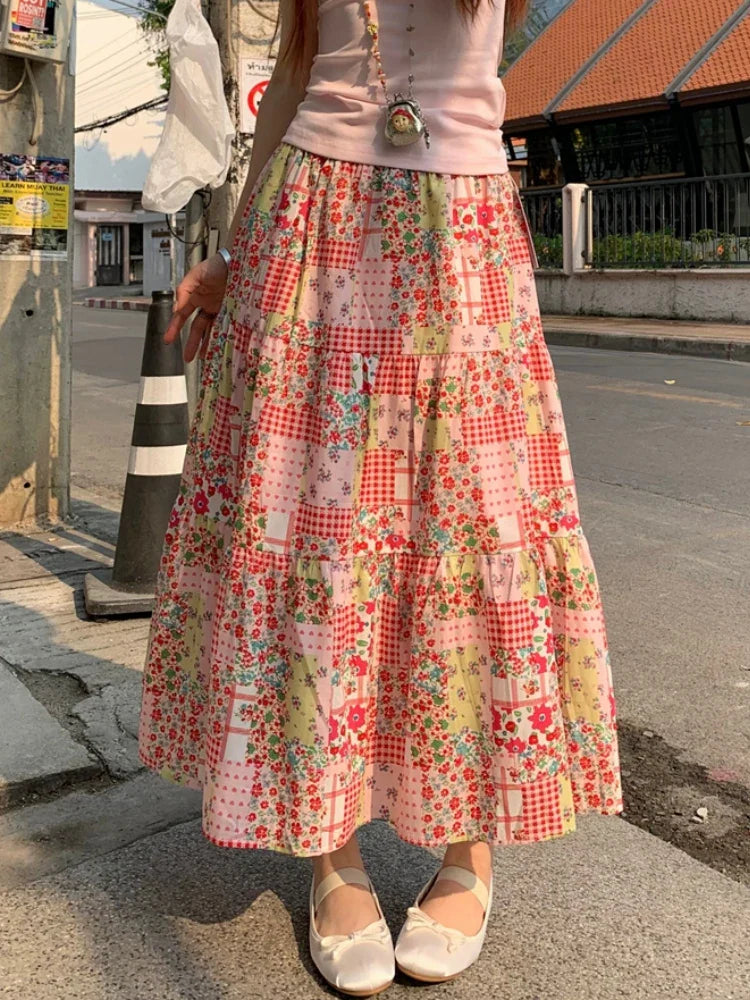 vzyzv -  Printed Floral Skirt Womens Mid Long Skirts 2024 Summer Mori Girl Style Lolita High Waisted Ruffle Pink Skirt