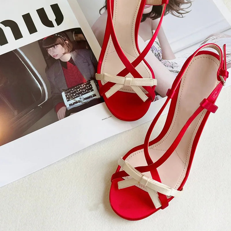 vzyzv -  Open-toed Red Stiletto Bow Buckle with Sandals Women's Summer 2024 New Sexy Sweet High Heels