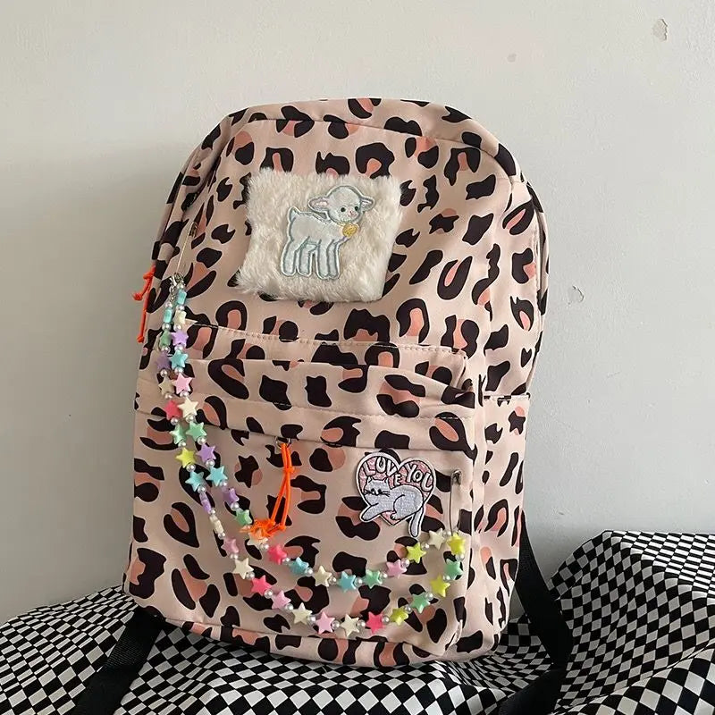 vzyzv  -  Korean Fashion Leopard School Backpack for College Students Y2k Star Patchwork Aesthetic Cute Girl Backpack  All Match Mochilas