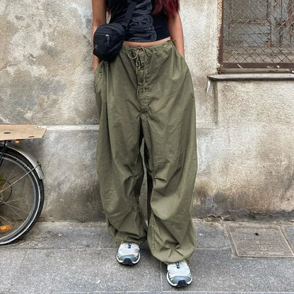 nvxiot  -  2024 women's new pants with large pockets and drawstring, fashionable low waisted wide leg casual pants streetwear women YBF23-3