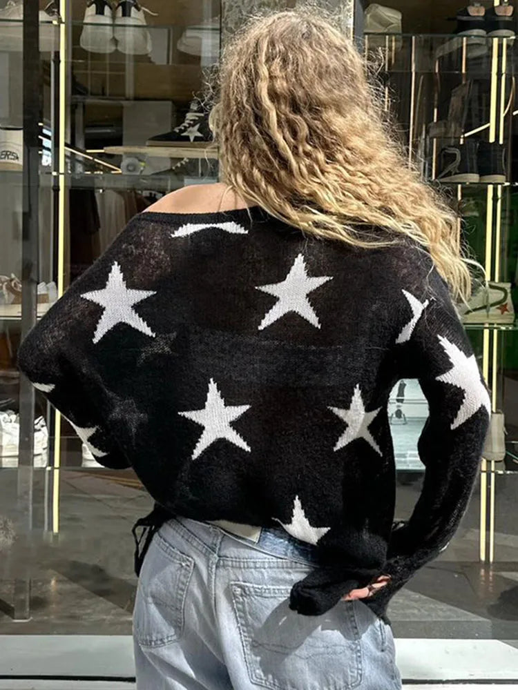 vzyzv  -  Street Stars Printed irregular Wide Collar Sweater Hot Girl Loose Thin Ripped Knit Sexy See Through Pullovers Long Sleeve