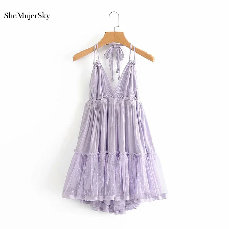 vzyzv -  vestidos Backless Lace Spliced Dress Summer Halter V-neck Mini Dresses Women Maxi Dresses for Women Summer Dress