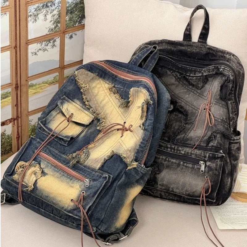 vzyzv  -  Retro Splicing Cowboy Backpack American Versatile Large Capacity Student Bag New Harajuku Zipper Y2K Backpack