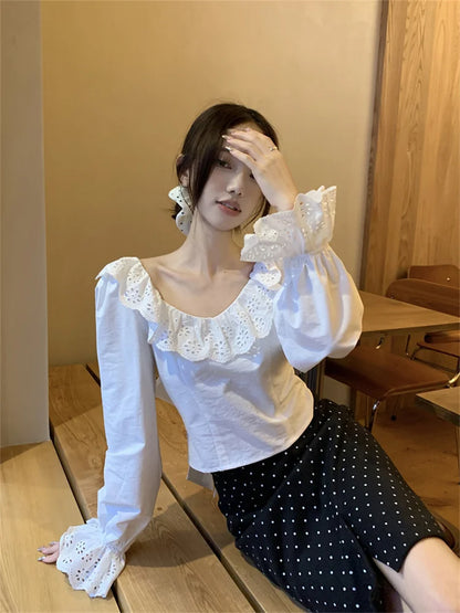 nvxiot  -  French Style Backless Long Sleeved Shirt for Women Summer Bow Short Blouse Elegant White Ruffled Top Blusas Femininas Elegantes