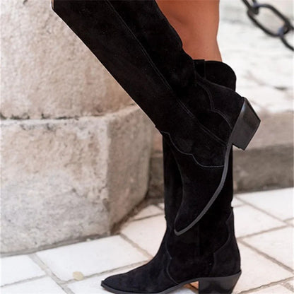 vzyzv  -  Solid Color Pointed Toe Suede Women's Knee High Boots Retro Platform Ladies Knight Boots Crude Heel Fashion Comfy Botas De Mujer