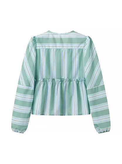 vzyzv -  Summer Holiday Style Casual Striped Print Loose Tops With Shorts Suit Women Two Pieces Suit Beach Style Green Blouse With Pants