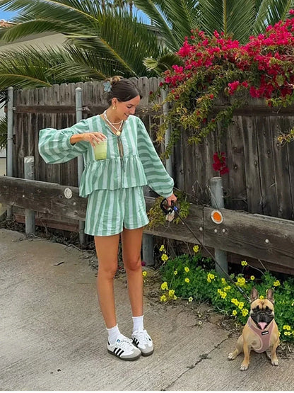 vzyzv -  Summer Holiday Style Casual Striped Print Loose Tops With Shorts Suit Women Two Pieces Suit Beach Style Green Blouse With Pants