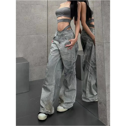 vzyzv  -  Female High Street Retro High Waist Trashy Jeans Y2K Baggy American 2000s Denim Trouser Women's Washed Vintage Casual Pants