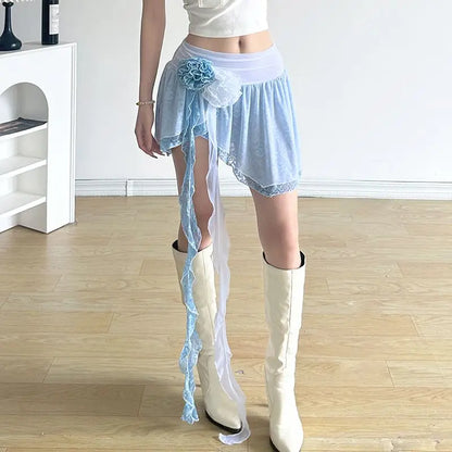 vzyzv  -  Skirt Rose Flower Double-Layer Streamer Mesh With Irregular Girly Style Cute Skirt  Summer New Pure Desire Fairy Skirt