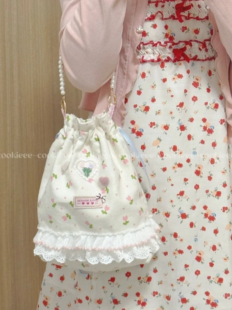 vzyzv  -  Korean Sweet Lace Floral Pearl Drawstring Handbag Bags 2024 Women Commute Bucket  Bag