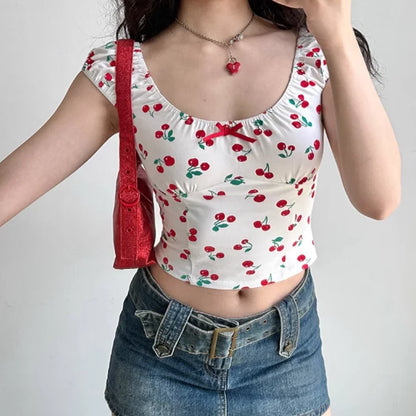 TAVIMART  -   Short-Sleeved Word Collar Cherry Print Exposed Navel European And American Girls Summer Slim Spice Girl Jacket Short Paragraph