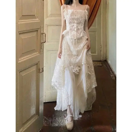 vzyzv  -   Summer New Style High-grade Elegant Palace Embroidered Flower Sling Top Irregular Skirt Senior Suit