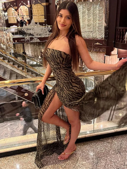 vzyzv -  Fashion Strapless Tiger Striped Print Summer Dresses 2024 Woman Clothing Sleeveless High Slit Folds Mesh Patchwork Evening Dress