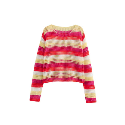 vzyzv -  New Summer Women's Casual Versatile Knitted Colored Stripe Long sleeved Round Neck Loose Knitted Top