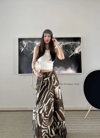 vzyzv  -  Bohemian Vacation Versatile Zebra Asymmetric Print Long Skirt With Slit A-lineretro Streetwear Women Summer Skirt 2024 New