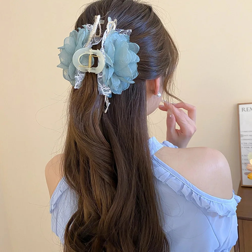 vzyzv  -  Cloth Flower Hair Claw Korean Ins Style Headwear Lace Large Rose Shark Clip Blue Black Cloth Rose Hair Clip Party