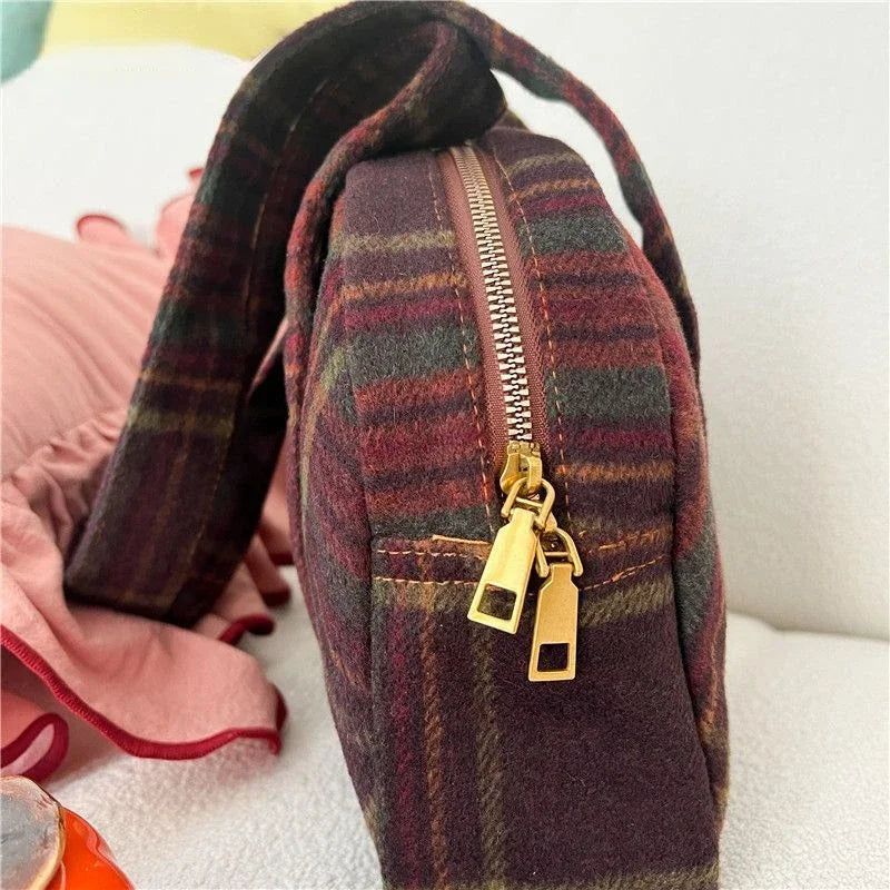 vzyzv  -  New Vintage Woolen Plaid Tote Bags Casual Handbag Korean All-match Design Fashion Women Shoulder Bag