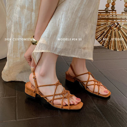 vzyzv  -  Women Sandals Narrow Band  Retro Ladies Summer Sandals Gold Brown Roman Style Vintage Gladiator Shoes On Med Heel 3 CM