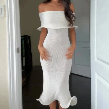 vzyzv  -  Sexy Solid Lotus Edge Midi Dress Women Elegant Princess One Shoulder Slim Party Dress Shawl Sleeve Bodycon Tube Party Robes