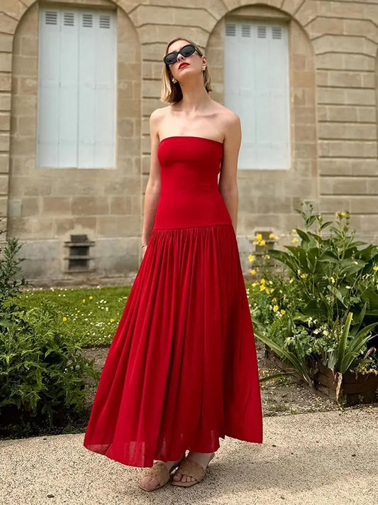 vzyzv -  Sexy Red Patchwork Pleated Hem Strapless Maxi Dress Women Fashion Off Shoulder Sleeveless Robes 2024 Summer Female Party Dresses