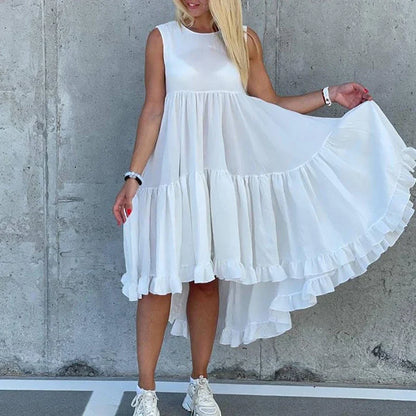 nvxiot  -  Casual O-neck Ruffled Swing Dress Women Fashion High Waist Pleated Party Dress Sexy Hollow Out Sleeveless Solid Color Vest Dress