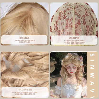 vzyzv  -  Wig Head Set Center Parted Bangs 32 Inch Lolita Natural Gorgeous Vintage Roman Curls Long Curly Hair Elegant Blonde Wig