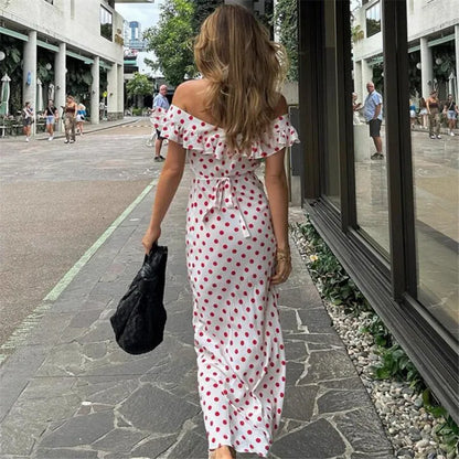 vzyzv  -  French Retro Red Porka Dot Strapless Long Holiday Dress New Summer Fashion Ruffles Fairy Beach Dress Off Shoulder Seaside Skirt