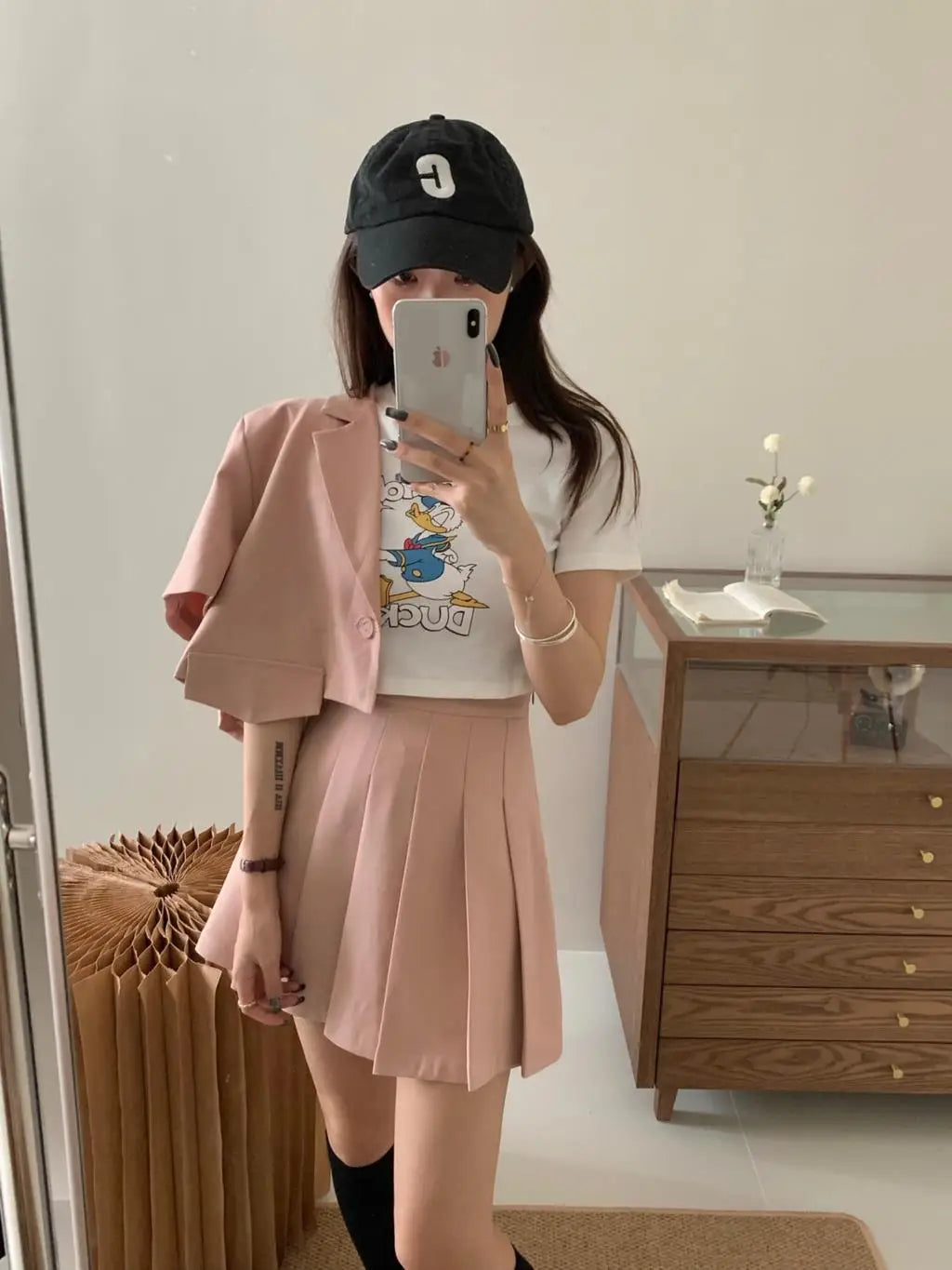 nvxiot   -  Summer Women Solid Short Sleeve Top+pleated Mini Skirts 2 Piece Set Sweet Lady Pink Grey Blazer Suit Preppy Style Set