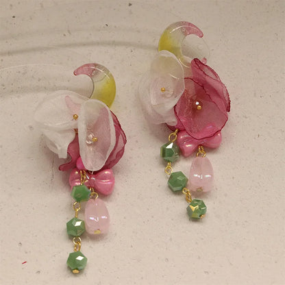 vzyzv -  Summer Rose Red White Petals Gradual Change Crescent Earrings Exaggerated Color Green Korean Earrings Piercing 2024 New