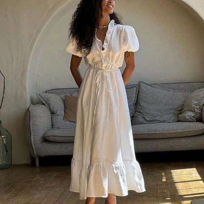 vzyzv  -  Leisure V-Neck Lace Up White Maxi Dress For Women Solid Color High Waisted  Short Sleeves Ruched Patchwork Girdle Dress