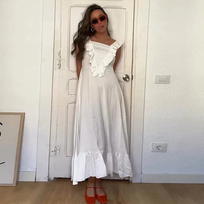 vzyzv  -  New Women White Ruffles Edge Suspender Dress  Fashion Square Neck Sleeveless Backless Long Dresses Summer Beach Party Robes