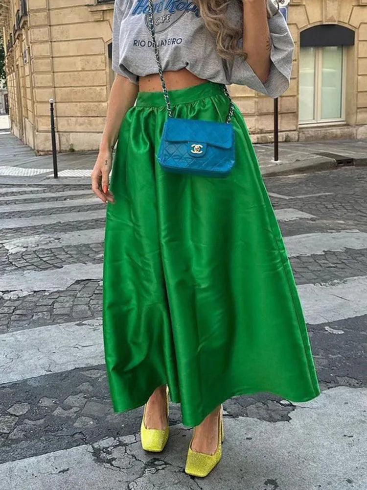 vzyzv -  Silk Patchwork High Waist Long Skirt Women's Summer Solid Color Skirt Fashion Simple Loose New Women's Long Skirt 2024