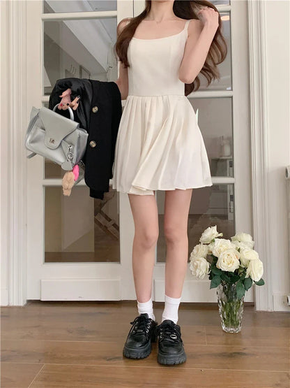 vzyzv  -  Pleaded White Dress Women A-line Summer Fashion Camisole Dress Korean Style Kawaii High Wasit Chic Vestidos 2024 Solid