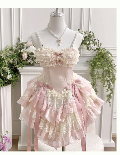 vzyzv -  Fairy Spring and Summer Lace Romantic Atmosphere Slimming Dress Pink Apricot Ruffled Tube Top Mini Princess Dresses for Party