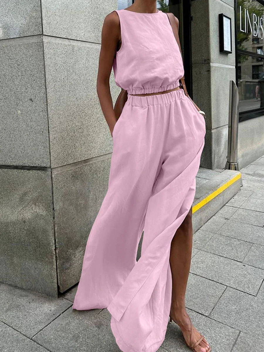 vzyzv  -  Solid Casual 2 Piece Set Summer New O Neck Sleeveless Cropped Tank Tops+Split Wide Leg Pants Sets  Elegant Fashion Suit Lady