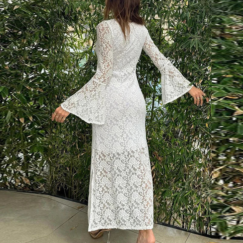 vzyzv  -  Lace Embroidered Slim Lady Long Dress Elegant Square Neck High Waist Split Party Dress Casual Flare Sleeve Hollow Wrap Hip Dress