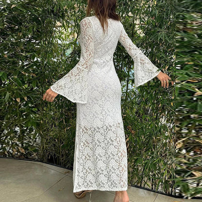 vzyzv  -  Lace Embroidered Slim Lady Long Dress Elegant Square Neck High Waist Split Party Dress Casual Flare Sleeve Hollow Wrap Hip Dress